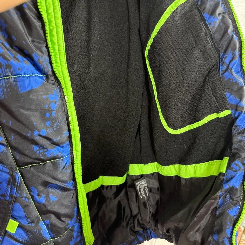 HK58 Hawke & Co Boys XL 14/16 Puffer Jacket Blue Black Neon Green Hooded Coat